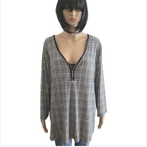 George Black and white long-sleeved Grid tunic with a zipped collar,Plus Size 3X